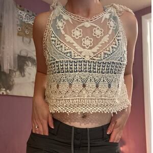 Vintage Y2K Festival Sheer Lace crochet boho crop Tank Top top 70s style Boho